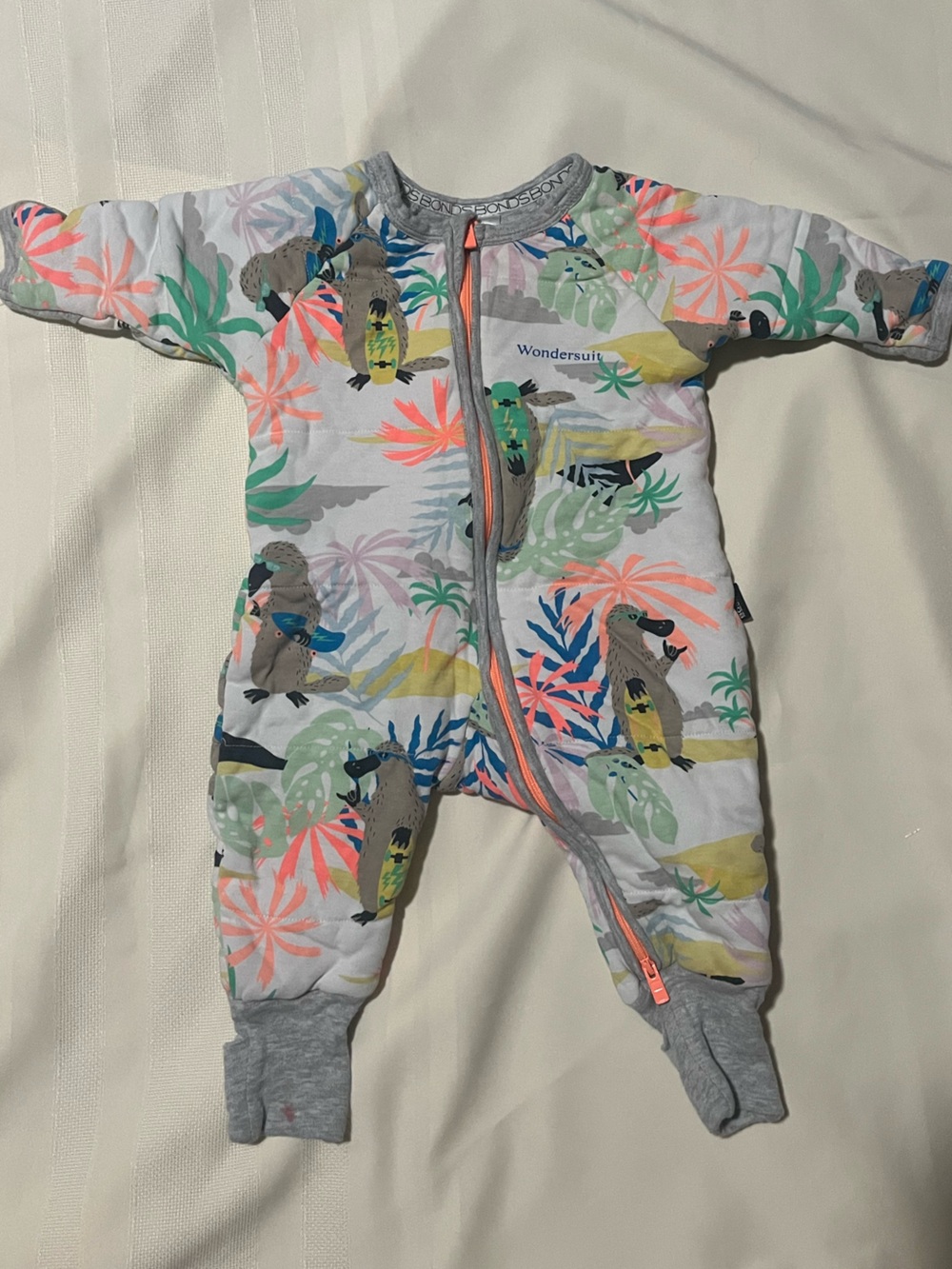 Bonds Wondersuit Quilted One-Piece in White, Gray, Pink & Green Parrot Print
